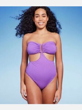 Shade & Shore Purple Ribbed One Piece Cut-Out Bathing Suit
